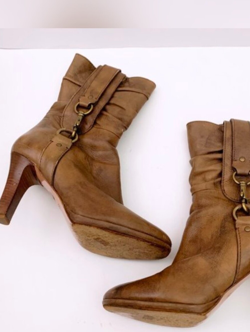 Coach Torree Brown Leather Mid-Calf Heeled Boots with Buckle Strap Detail 10B